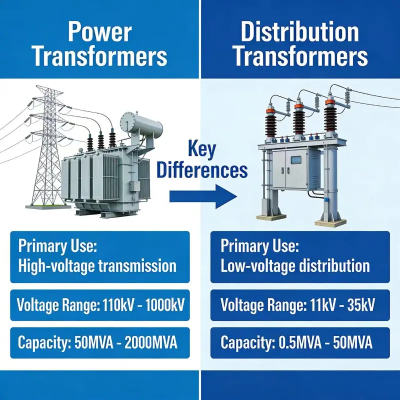 ¿Cuál es la diferencia entre un transformador de potencia y un transformador de distribución?